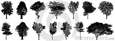 Black tree silhouettes collection isolated on white background Stock Photo