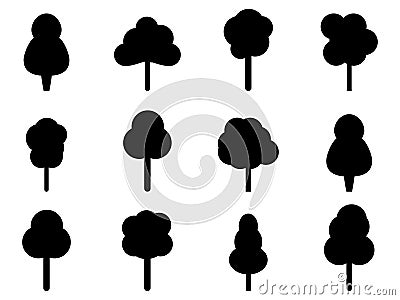 Black trees set isolated on white background. Trees with crown silhouettes. Design of tree for posters, banners and promotional Vector Illustration