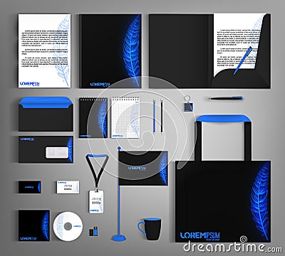 Black trendy corporate identity template design with a bright blue feathers Vector Illustration