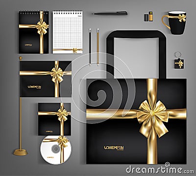 Black trendy corporate identity template design with gold bow. Vector Illustration