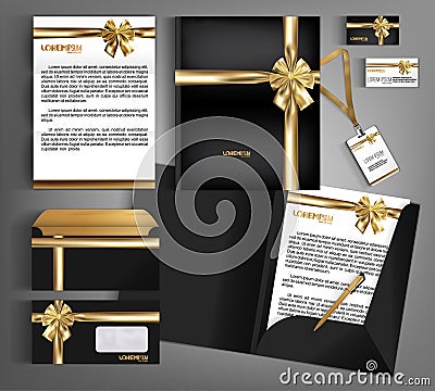 Black trendy corporate identity template design with gold bow. Vector Illustration