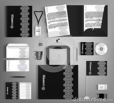 Black trendy corporate identity template design with white hand-drawn elements. Vector Illustration