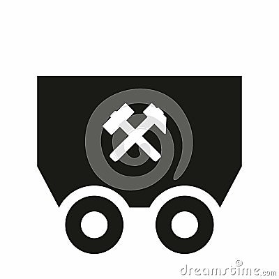 Black trolley coal cart, crossed hammers, coal mining symbol, vector icon, silhouette Vector Illustration