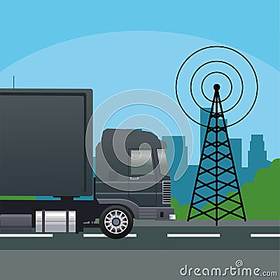 Black truck car vehicle with telecommunications antenna Vector Illustration
