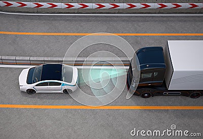 Black truck stopped on highway by automatic braking system Stock Photo