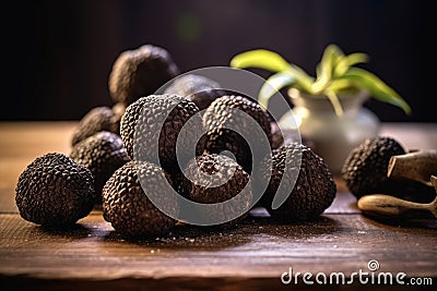 Black truffle mushrooms on table Stock Photo