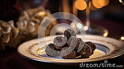 Black truffles on the cutting board. Generative AI AI Stock Photo