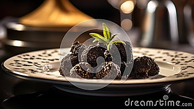 Black truffles on the plate. Generative AI Stock Photo