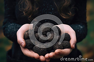 Black Truffles In Womens Hands. Generative AI Stock Photo