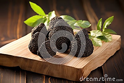 Black Truffles On Wooden Board Stock Photo