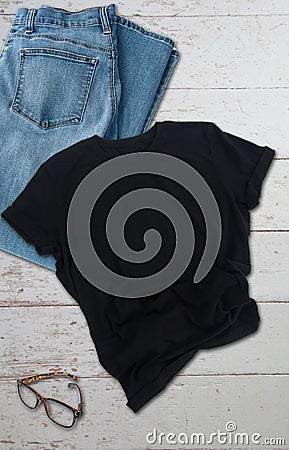 Black tshirt mockup with jeans styled product photo Stock Photo