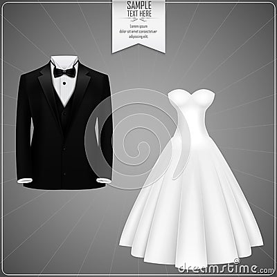 Black tuxedo and white bridal gown Vector Illustration