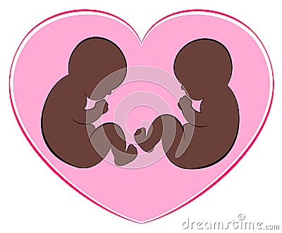 Black Twins Babies Pink Heart Birth Pregnancy Vector Illustration