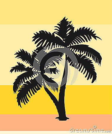Black Two Palm Tree with Leaves Silhouette Vector Drawing.Tropical leaf stencil shadow on sunny yellow background Vector Illustration