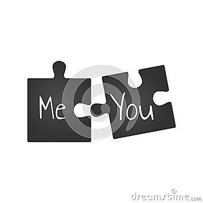 Black two puzzle pieces. You and me romantic illustration, relationship concept. Isolated illustration. Cartoon Illustration