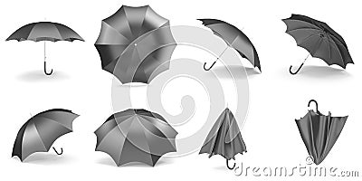 Black umbrellas and parasols in various positions open and folded collection. 3d rendering Stock Photo