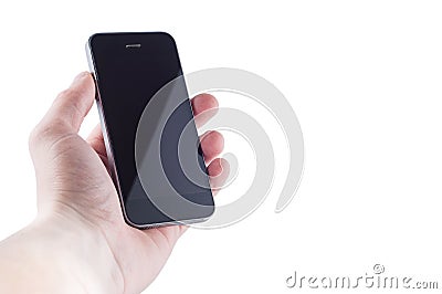 Black unnamed smartphone without buttons with a glare on the screen in hand on a white background isolate Stock Photo