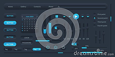 Black user interface. Modern ui elements switches, bars, power buttons and sliders, media display vector illustration Vector Illustration