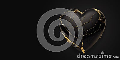 Black Valentine Heart with golden cracks on black background created with Generative AI Stock Photo