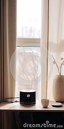 Luxurious Drapery And Zen-like Tranquility: A White Vase In Front Of A Window Stock Photo