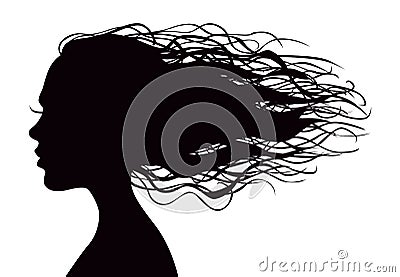 Black vector beautiful woman`s portrait silhouette with long flowing hair Vector Illustration