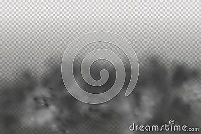 Black vector cloudiness ,fog or smoke on dark checkered background.Set of Cloudy sky or smog over the city.Vector illustration. Vector Illustration