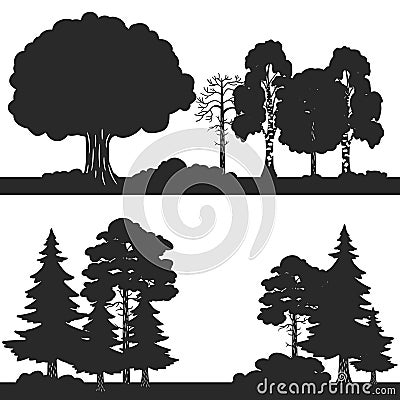 Black vector forest trees of set silhouettes background Vector Illustration