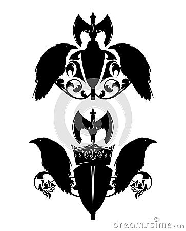 Black vector heraldic design set with shield, raven birds, axe and king crown Vector Illustration