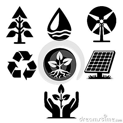 Black vector icons silhouettes symbols signs related ecology, nature conservation, lifestyle. Tree, wind turbine, water droplet, Vector Illustration