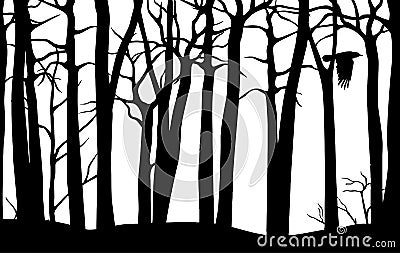 Black vector seamless pattern of scary forest with crooked trees and flying crow isolated on white background Vector Illustration