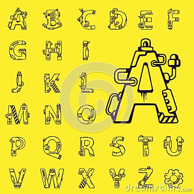 black vector set letters english alphabet mechanical r robot style yellow background 44694222