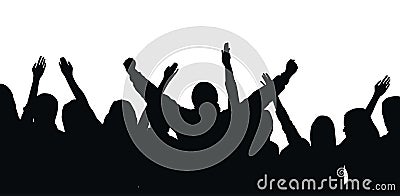 Black vector silhouette of cheering crowd isolated on white background - festival, sport, party Vector Illustration