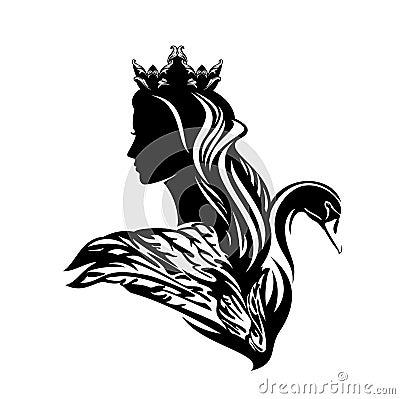 black vector silhouette portrait of fairy tale princess with her magic swan bird Vector Illustration