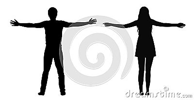 Black vector silhouettes of woman and man standing with spread arms isolated on white background Vector Illustration