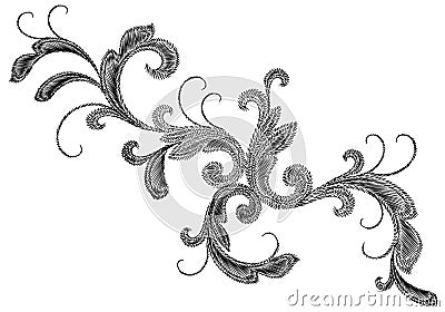Black Victorian Embroidery Floral Ornament. Stitch texture fashion print patch flower Baroque design element vector Vector Illustration