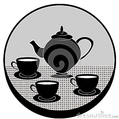 The black vintage teapot and three black cups of tea on the grey background Vector Illustration