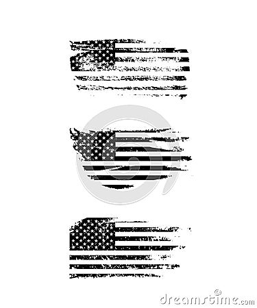 Black vintage USA flags illustration. Vector American flag on grunge texture set. Vector Illustration