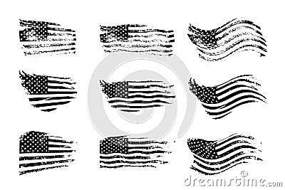 Black vintage USA flags illustration. Vector American flag on grunge texture set. Vector Illustration