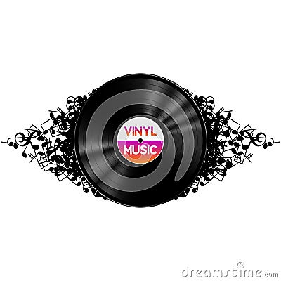 Black vinyl record music on abstract notes background Vector Illustration