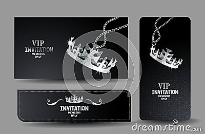 Black VIP cards with shiny textured silver crown Vector Illustration