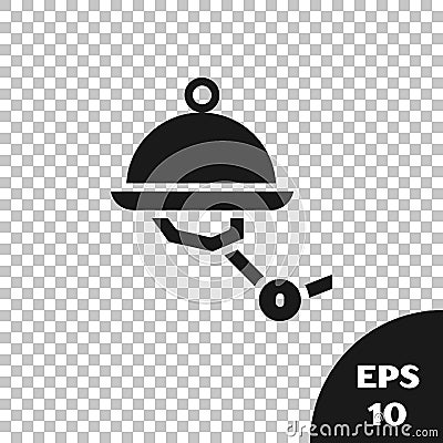 Black Waiter robot with covered plate icon isolated on transparent background. Artificial intelligence, machine learning Vector Illustration