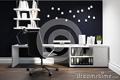 Black wall home office, black chair closeup Stock Photo