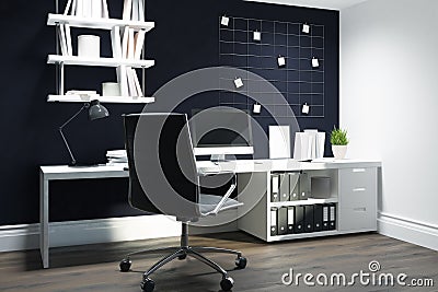 Black wall home office, black chair side view Stock Photo