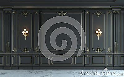 Black wall panels in classical style with gilding. 3d rendering Stock Photo