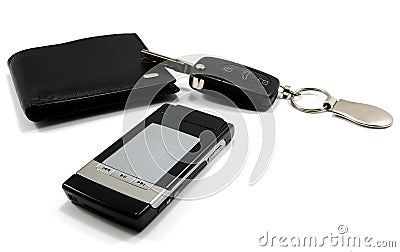 Black wallet car key mobile phone 1 Stock Photo