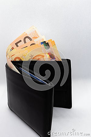 Black wallet and euros bank notes. Stock Photo