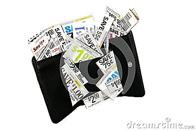 Black Wallet Filled With Coupons Isolated On White Stock Photo