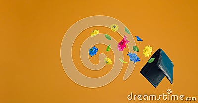 Black wallet with flowers flying on a green background with copy space. Positive news, thinking and energy concept. Optimistic Stock Photo