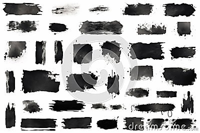 Black watercolor banners, rectangles, and splats on a white background Stock Photo