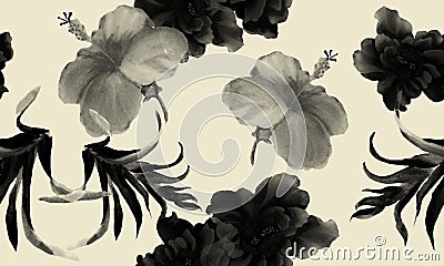 Black Watercolor Texture. White Flower Plant. Seamless Background. Pattern Foliage. Tropical Print. Isolated Garden. Fashion Jungl Stock Photo